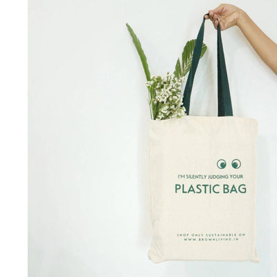 Reusable Cotton Tote Bag - Silently Judging your Plastic Bag - Off White – Tote Bag on Brown Living™. SKU: BL - 1. Img 6.