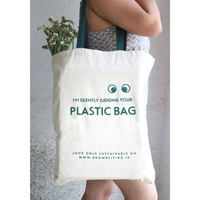 Reusable Cotton Tote Bag - Silently Judging your Plastic Bag - Off White – Tote Bag on Brown Living™. SKU: BL - 1. Img 1.