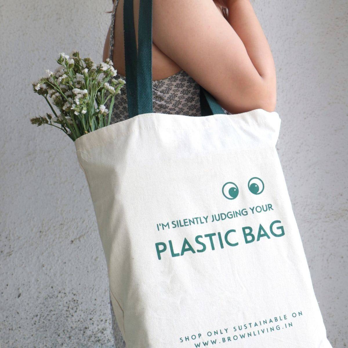 Reusable Cotton Tote Bag - Silently Judging your Plastic Bag - Off White | Verified Sustainable by Brown Living™