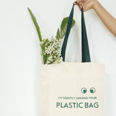 Reusable Cotton Tote Bag - Silently Judging your Plastic Bag - Off White – Tote Bag on Brown Living™. SKU: BL - 1. Img 2.