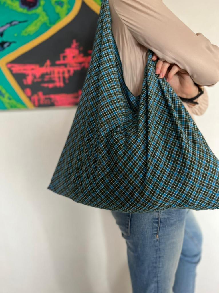 Buy Reusable Green Blue Checks Foldable Furoshiki Bag | Shop Verified Sustainable Foldable Bag on Brown Living™