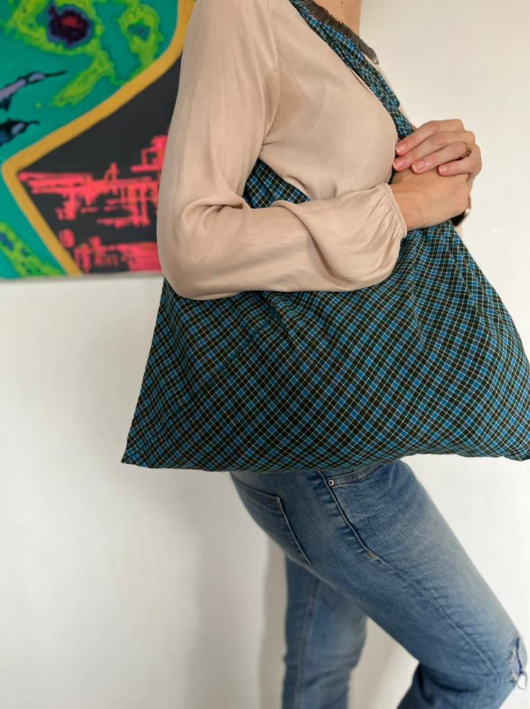 Buy Reusable Green Blue Checks Foldable Furoshiki Bag | Shop Verified Sustainable Foldable Bag on Brown Living™