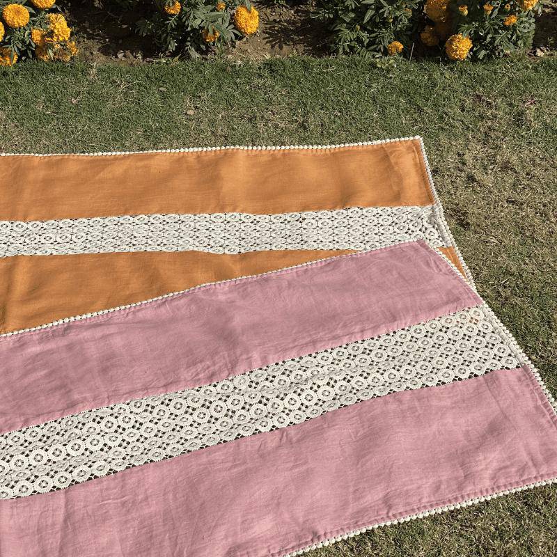 Reversible Hemp Table Runner with Cotton Lace Detailing | Verified Sustainable by Brown Living™