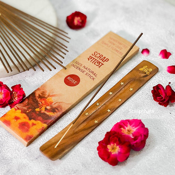 Buy Rose Natural Incense Stick Gift Pack | Made From Temple Flowers | Chemical-free | Charcoal-free | Comes with Wooden Agarbatti Stand | Shop Verified Sustainable Products on Brown Living
