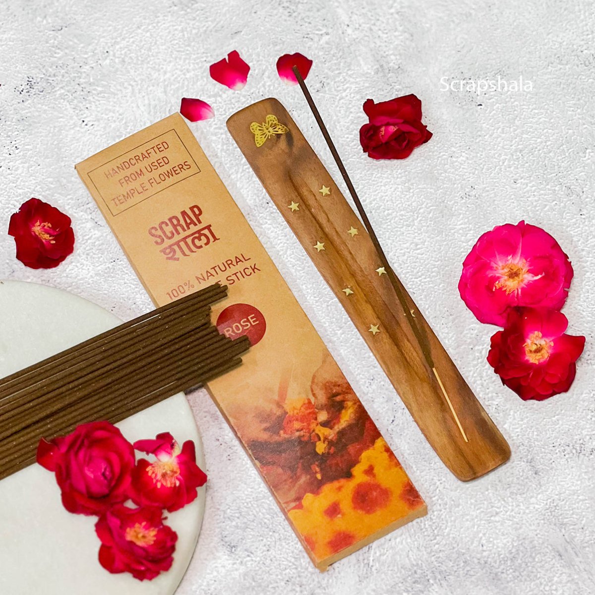 Rose Natural Incense Stick Gift Pack | Made From Temple Flowers | Chemical - free | Charcoal - free | Comes with Wooden Agarbatti Stand | Verified Sustainable by Brown Living™