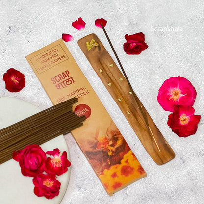 Rose Natural Incense Stick Gift Pack | Made From Temple Flowers | Chemical - free | Charcoal - free | Comes with Wooden Agarbatti Stand | Verified Sustainable by Brown Living™