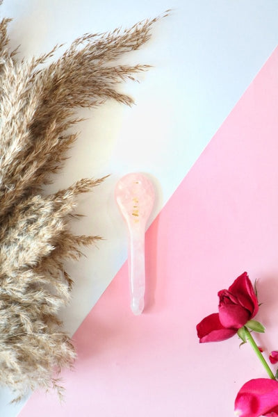 Rose Quartz Acupressure Spoon Gua Sha – Massager on Brown Living™. SKU: Lamina - 15. Img 1.