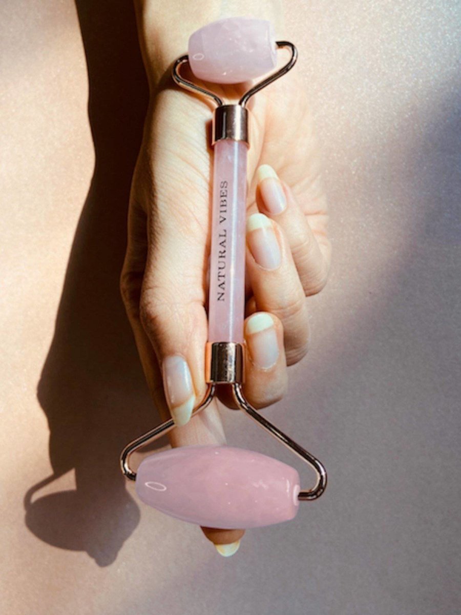 Rose Quartz Roller & Massager for Face, Neck and Under eye with FREE Gold Beauty Oil – Massager by Natural Vibes available on Brown Living™. . SKU: 063 - 05428 - NV_Rose_Quartz_Roller_oil. Img 2.