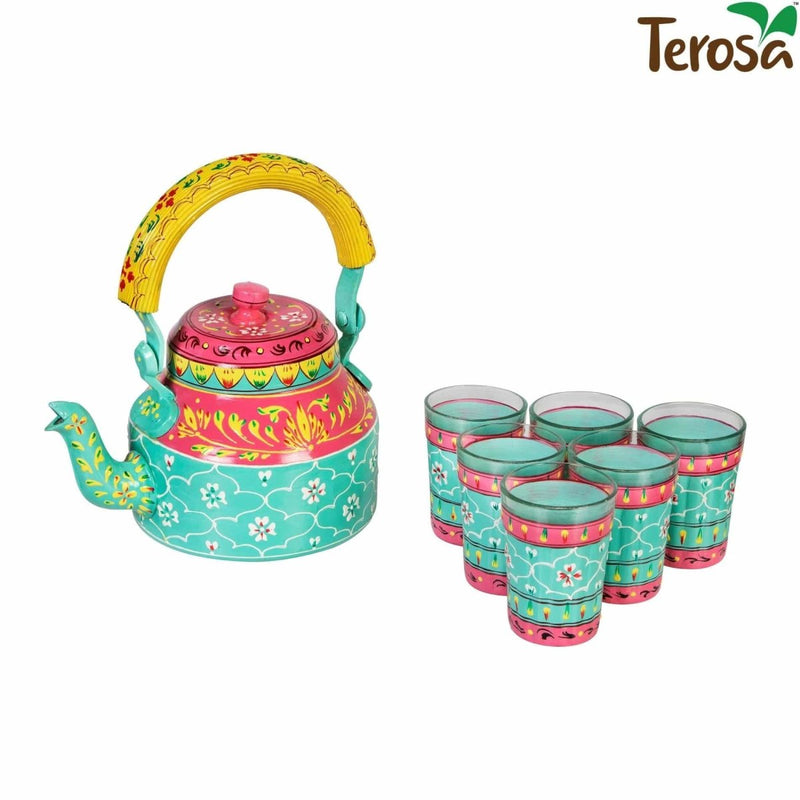 Buy Roseate Kettle Set IV with 6 Glasses & Holder Handicraft Decorative Tea Coffee Set | Shop Verified Sustainable Serving Set on Brown Living™