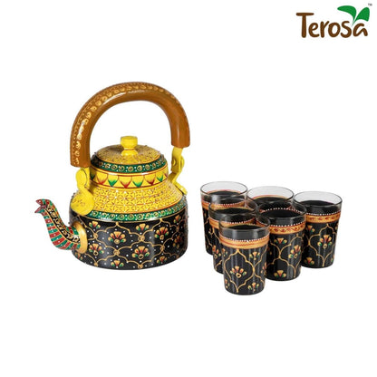 Royale Kettle Set III with 6 Glasses & Holder Handicraft Decorative Tea Coffee Set | Verified Sustainable by Brown Living™
