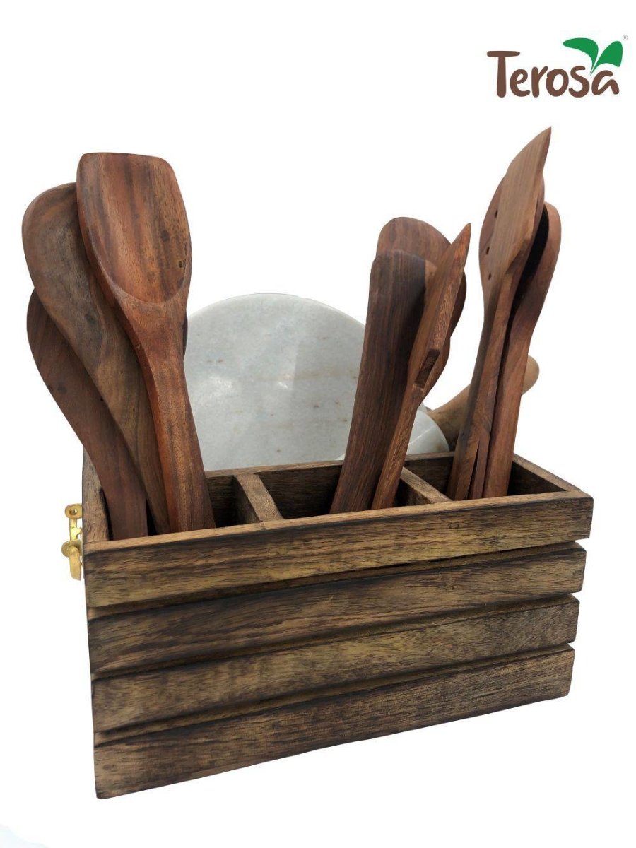 Rustic Wooden Kitchen Organiser or Caddy - Grande - Cutlery Holder or Dining Organiser | Verified Sustainable by Brown Living™