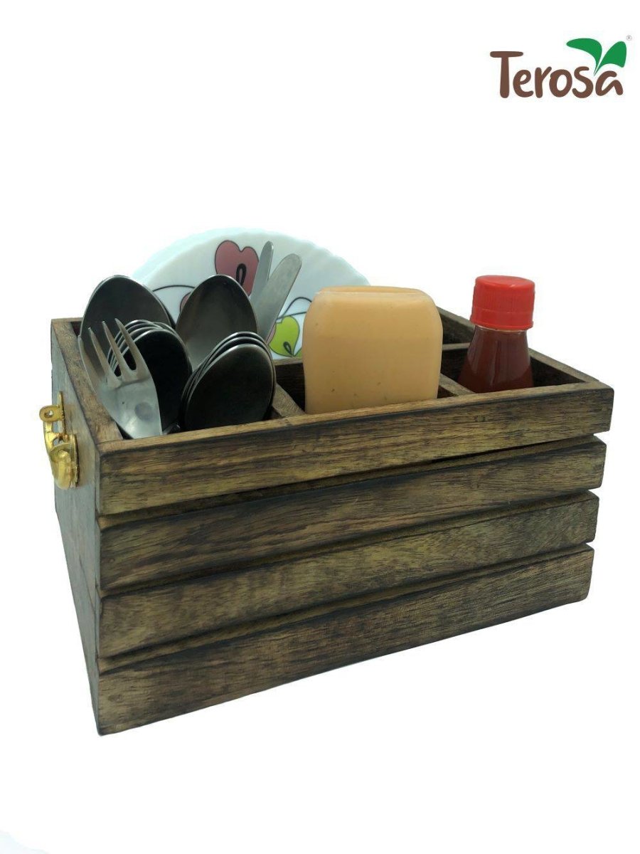 Rustic Wooden Kitchen Organiser or Caddy - Grande - Cutlery Holder or Dining Organiser | Verified Sustainable by Brown Living™