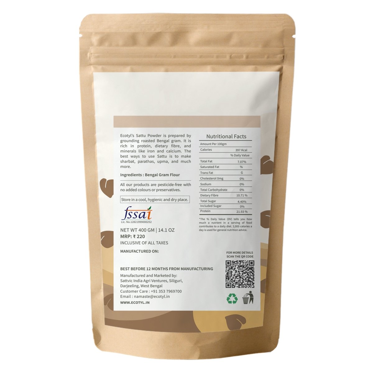 Sattu Atta - 400g | Roasted Gram Flour | Plant Based Protein | Verified Sustainable by Brown Living™