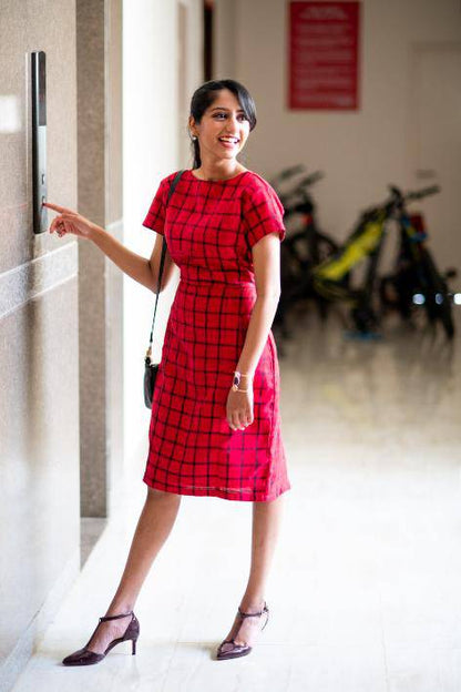 Scarlet Red Black Checks Sheath Dress | Verified Sustainable by Brown Living™