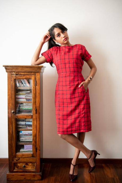 Scarlet Red Black Checks Sheath Dress | Verified Sustainable by Brown Living™