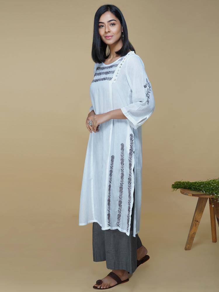 Buy Self Stripe Cotton Kurta With Chikankari | Shop Verified Sustainable Products on Brown Living