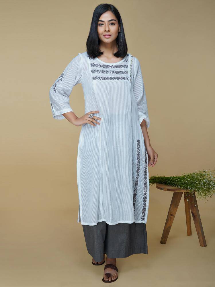 Buy Self Stripe Cotton Kurta With Chikankari | Shop Verified Sustainable Products on Brown Living