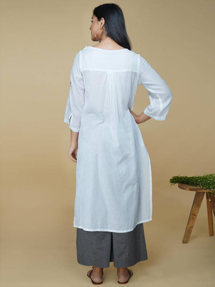 Buy Self Stripe Cotton Kurta With Chikankari | Shop Verified Sustainable Products on Brown Living