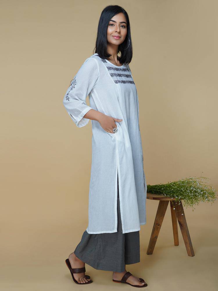 Buy Self Stripe Cotton Kurta With Chikankari | Shop Verified Sustainable Products on Brown Living