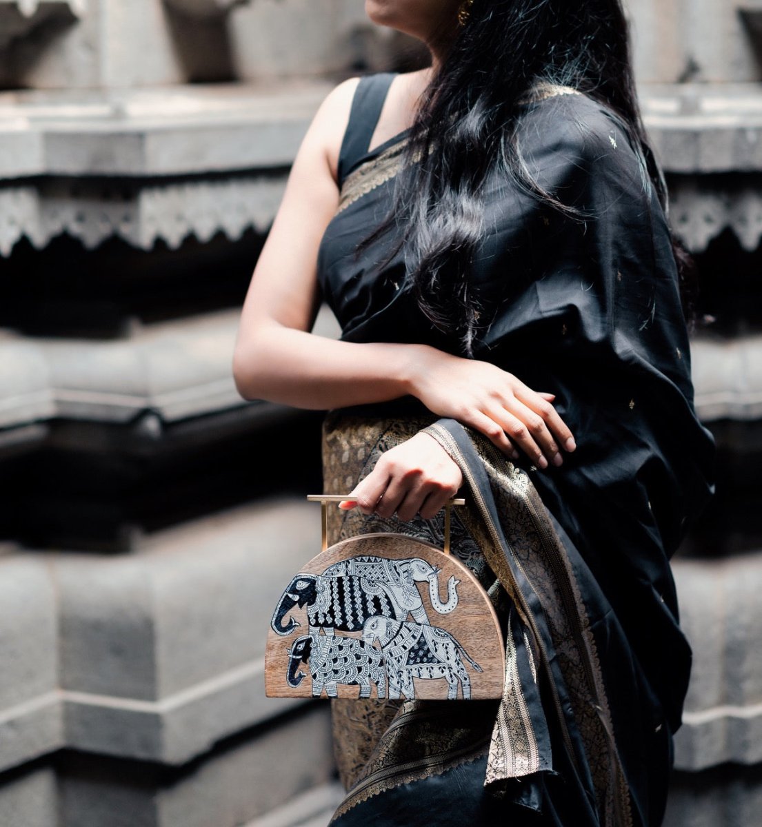 Semi Circular Haathi Clutch | Mata Ni Pachedi on Indian Mango Wood | Verified Sustainable by Brown Living™