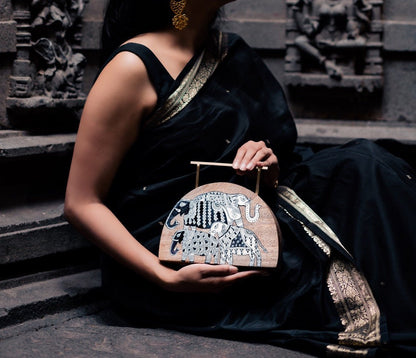 Semi Circular Haathi Clutch | Mata Ni Pachedi on Indian Mango Wood | Verified Sustainable by Brown Living™