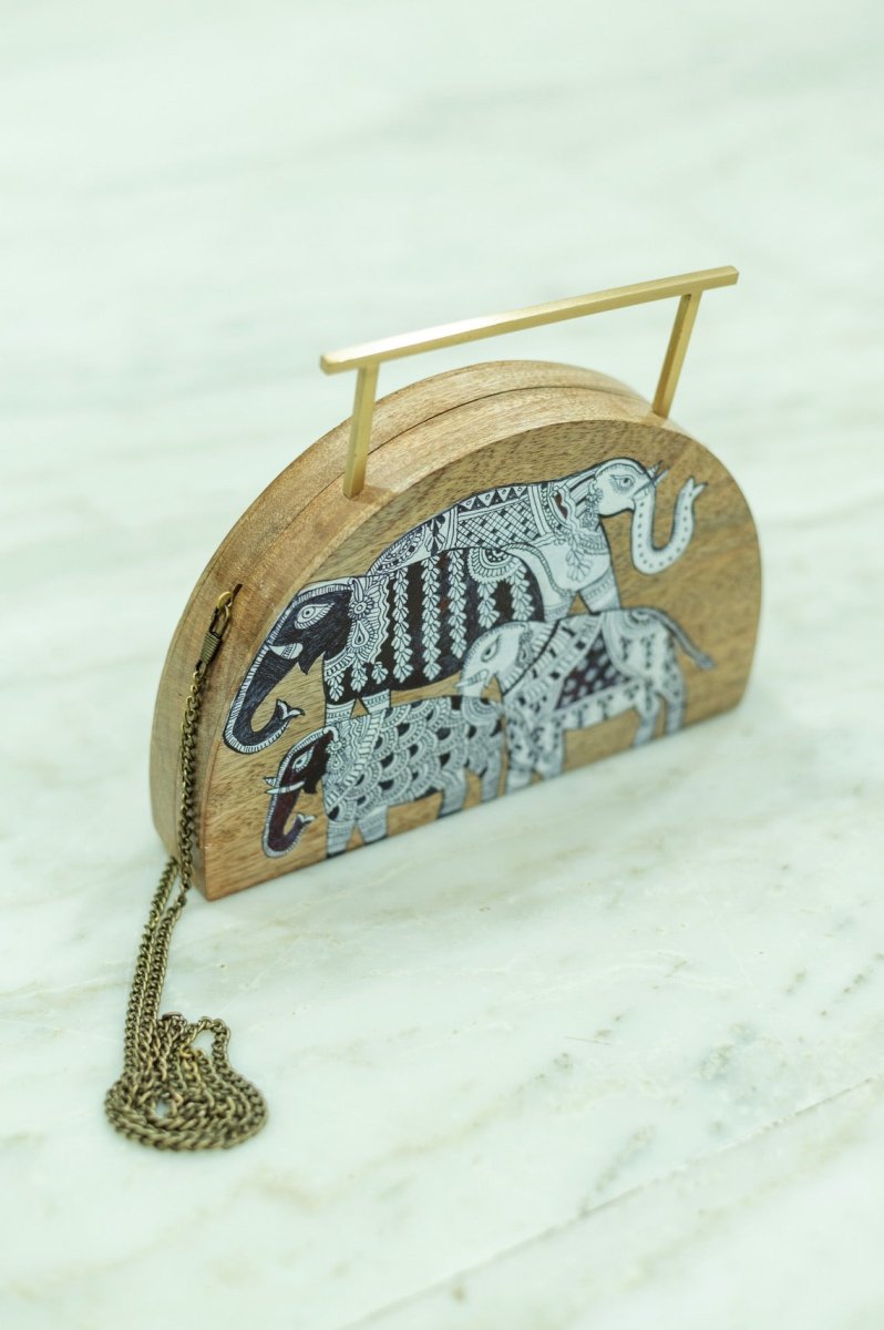 Semi Circular Haathi Clutch | Mata Ni Pachedi on Indian Mango Wood | Verified Sustainable by Brown Living™