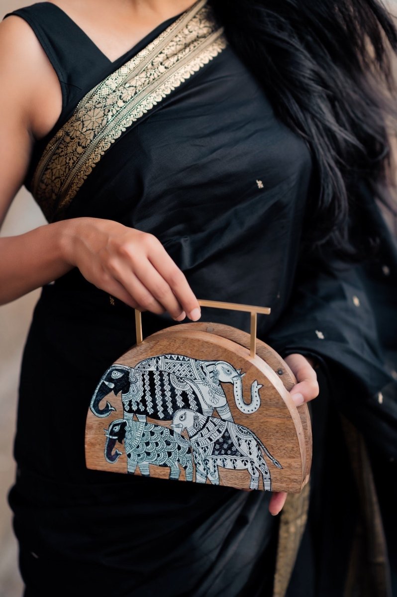 Semi Circular Haathi Clutch | Mata Ni Pachedi on Indian Mango Wood | Verified Sustainable by Brown Living™