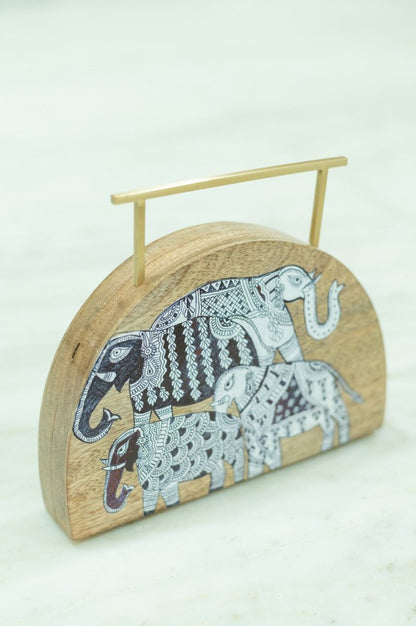 Semi Circular Haathi Clutch | Mata Ni Pachedi on Indian Mango Wood | Verified Sustainable by Brown Living™