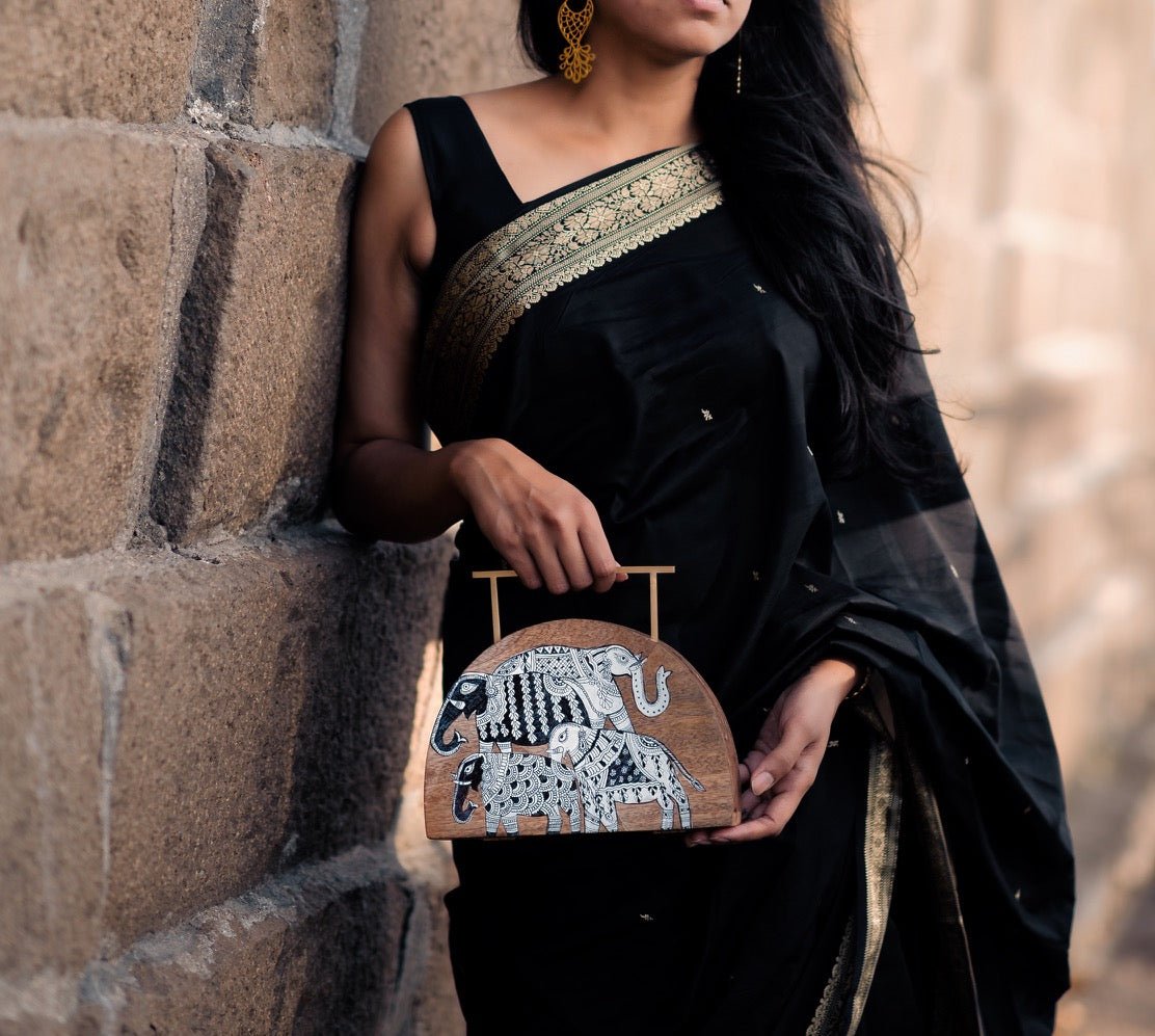 Semi Circular Haathi Clutch | Mata Ni Pachedi on Indian Mango Wood | Verified Sustainable by Brown Living™