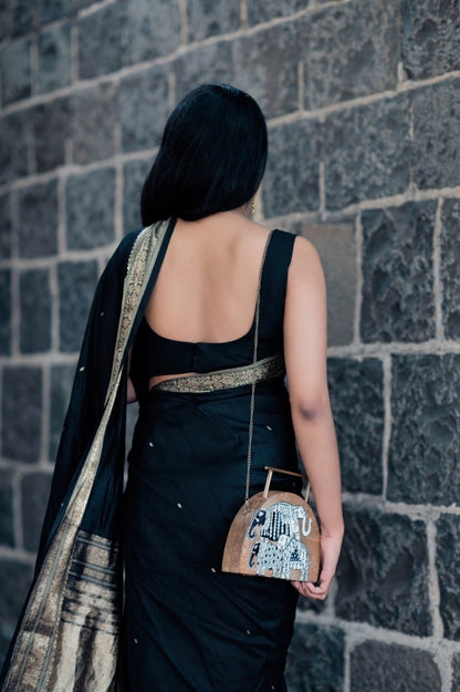 Semi Circular Haathi Clutch | Mata Ni Pachedi on Indian Mango Wood | Verified Sustainable by Brown Living™