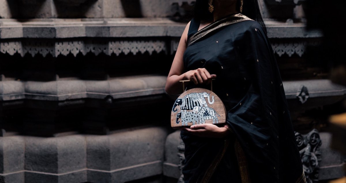 Semi Circular Haathi Clutch | Mata Ni Pachedi on Indian Mango Wood | Verified Sustainable by Brown Living™