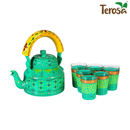 Serene Kettle Set II with 6 Glasses & Holder Handicraft Decorative Tea Coffee Set | Verified Sustainable by Brown Living™