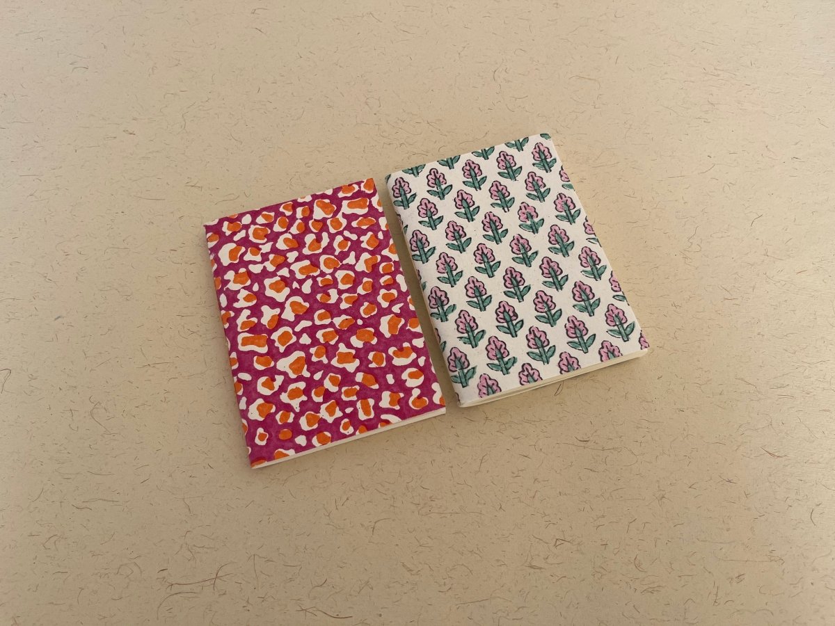 Set of 2 pocket - size handmade block print journal | Eco - friendly notebook | Sustainable | Upcycled cotton rag paper | Verified Sustainable by Brown Living™