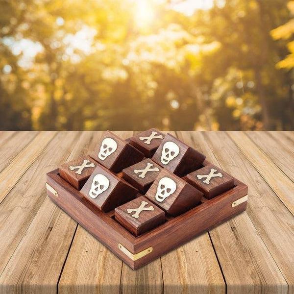 Sheesham Wood Brass Skull and Crossbones Board Game- 5" Square | Verified Sustainable Learning & Educational Toys on Brown Living™