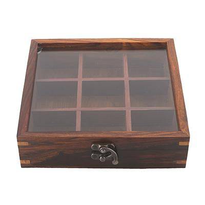 Sheesham Wood 9 Compartment Multipurpose Spice Box with Spoon | Verified Sustainable by Brown Living™