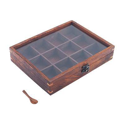 Sheesham Wood table top 12 Compartment Spice Box with Spoon | Verified Sustainable by Brown Living™