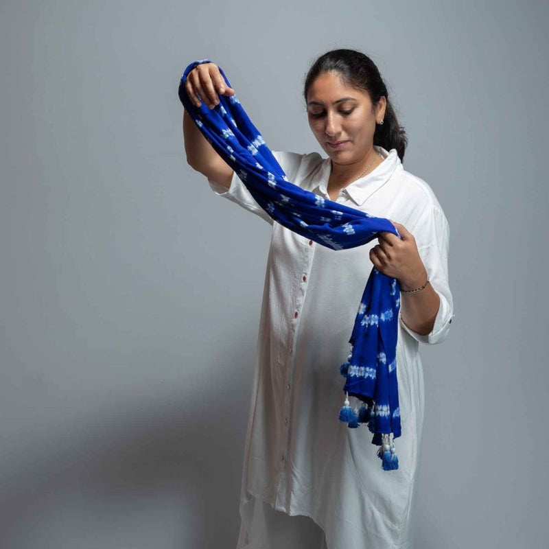 Buy Shibori Ripples Blue Stole | Beechwood fabric | Shop Verified Sustainable Womens Scarf on Brown Living™