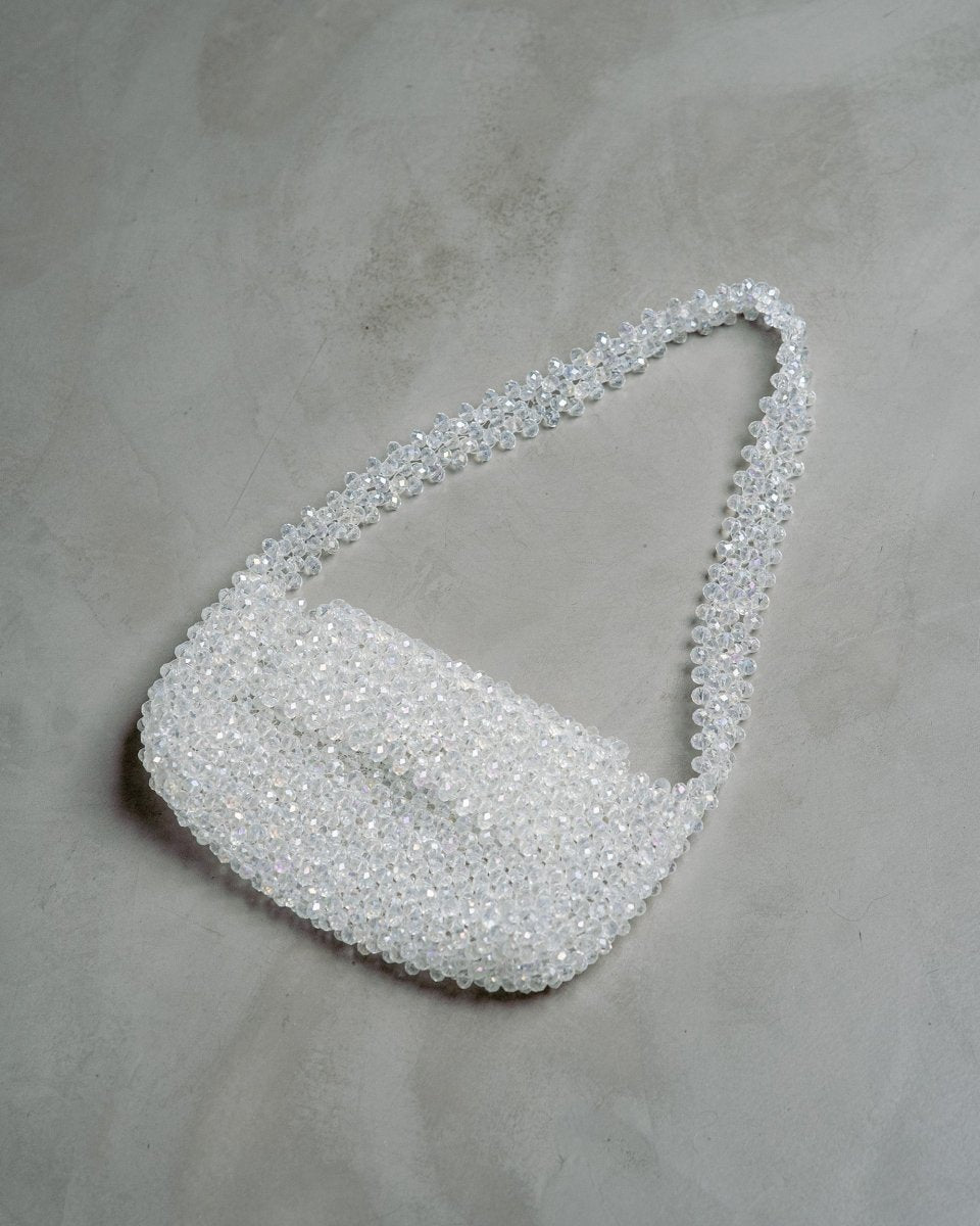 Shwet Baguette| Womens Handbag | White | Crystal glass beaded | Verified Sustainable by Brown Living™