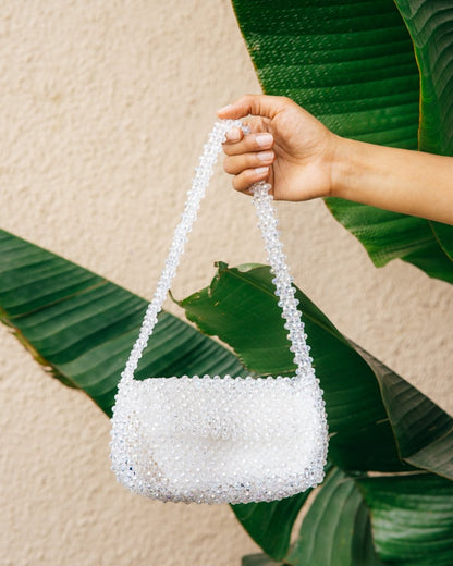 Shwet Baguette| Womens Handbag | White | Crystal glass beaded | Verified Sustainable by Brown Living™