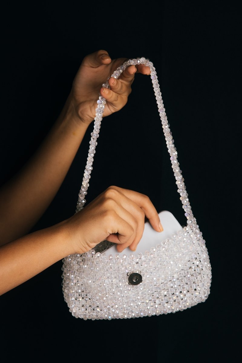 Shwet Baguette| Womens Handbag | White | Crystal glass beaded | Verified Sustainable by Brown Living™