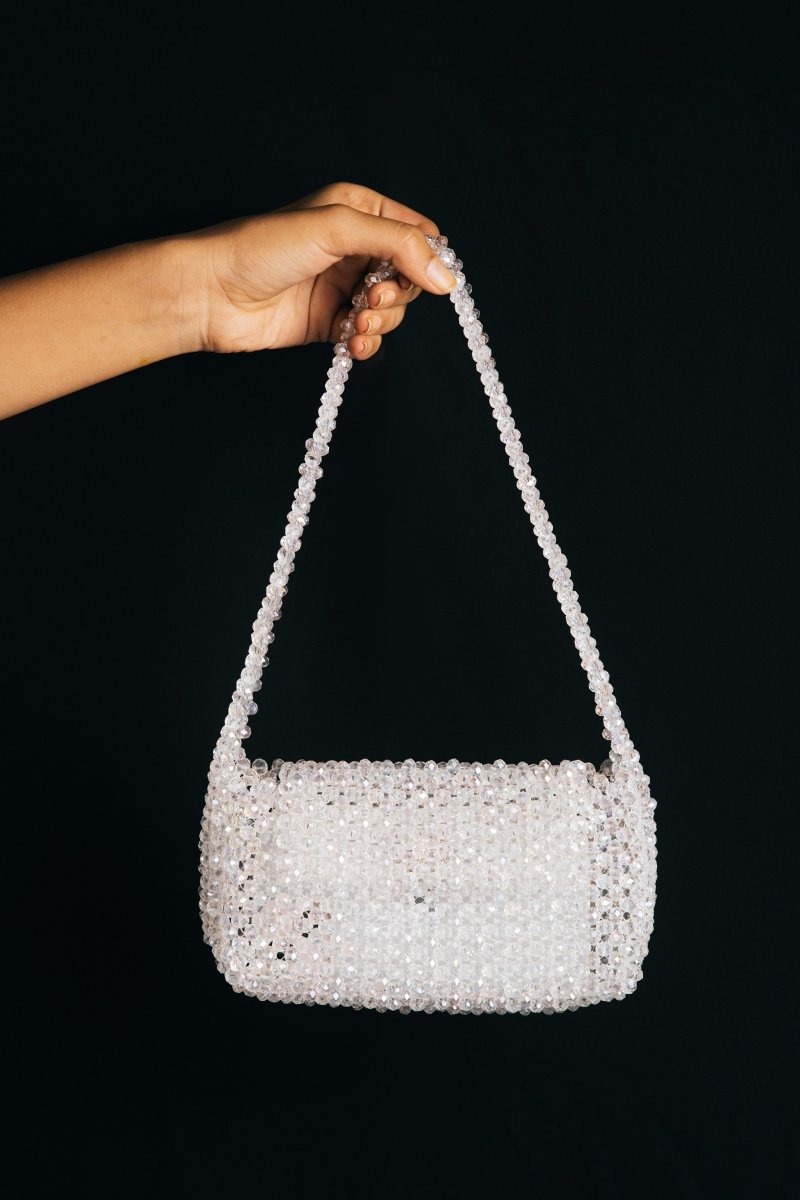 Shwet Baguette| Womens Handbag | White | Crystal glass beaded | Verified Sustainable by Brown Living™