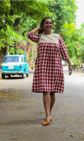 Buy Sianna Maroon Checks Kotpad Dress | Shop Verified Sustainable Products on Brown Living