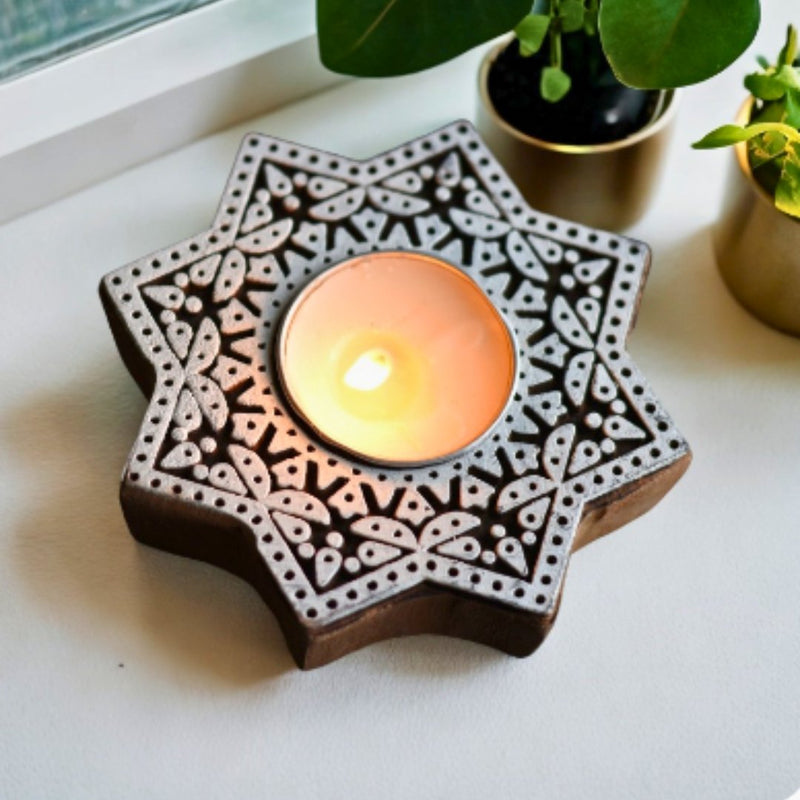 Buy Sitara Tea Light Holder | Wooden handcrafted tea light holder | Pack of 6 Soy Wax Tea Light Candles | Shop Verified Sustainable Candles & Fragrances on Brown Living™