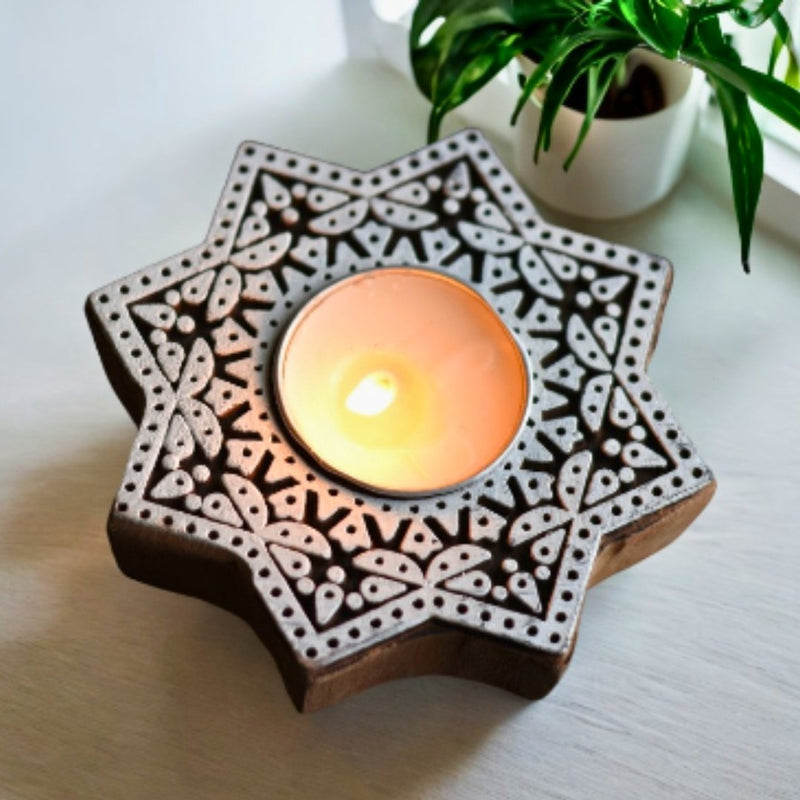 Buy Sitara Tea Light Holder | Wooden handcrafted tea light holder | Pack of 6 Soy Wax Tea Light Candles | Shop Verified Sustainable Candles & Fragrances on Brown Living™