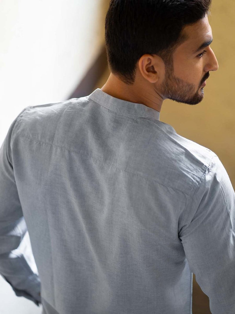 Buy Slate Grey Mandarin Collar Shirt in TENCEL™ Lyocell Linen | Shop Verified Sustainable Mens Shirt on Brown Living™