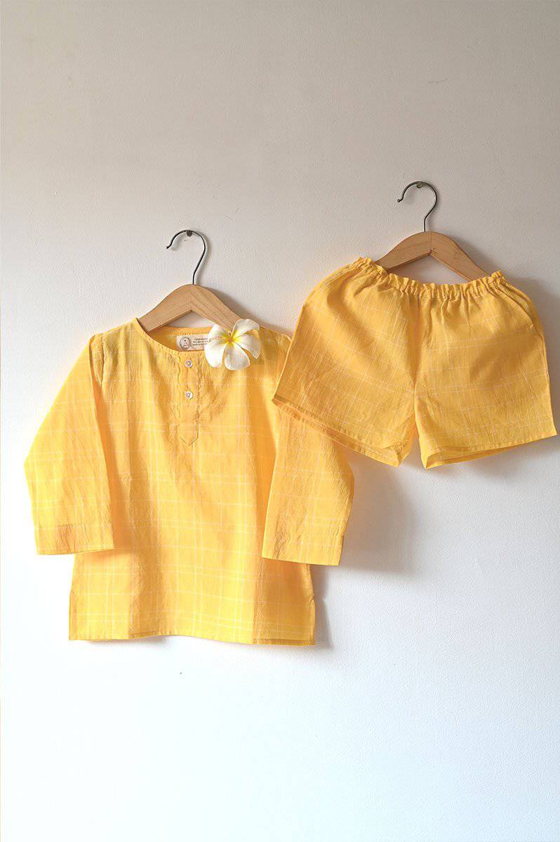 Buy Sleepover Party Kurta And Shorts Coord Set In Yellow Checks | Shop Verified Sustainable Kids Nightwear on Brown Living™