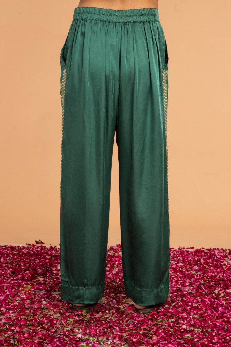 Buy Slim Fit Modal Satin Pants -Green | Shop Verified Sustainable Womens Pants on Brown Living™