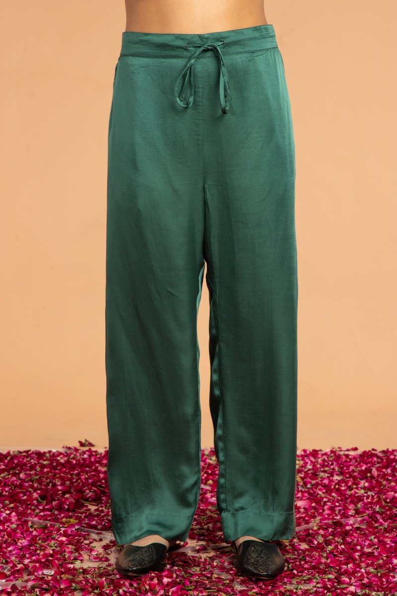 Buy Slim Fit Modal Satin Pants -Green | Shop Verified Sustainable Womens Pants on Brown Living™