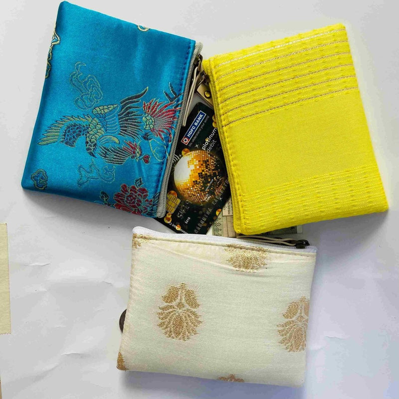 Buy Small Zipper pouch for coins and card- Pack of 3- Blue brocade | Shop Verified Sustainable Products on Brown Living