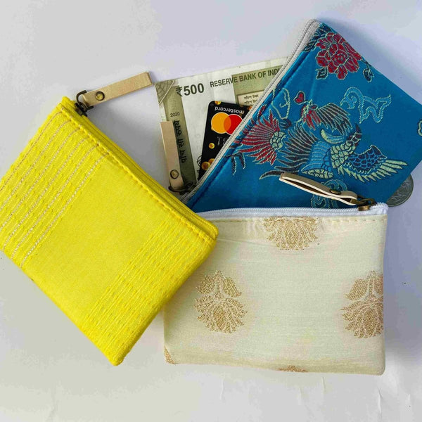 Buy Small Zipper pouch for coins and card- Pack of 3- Blue brocade | Shop Verified Sustainable Womens Bag on Brown Living™